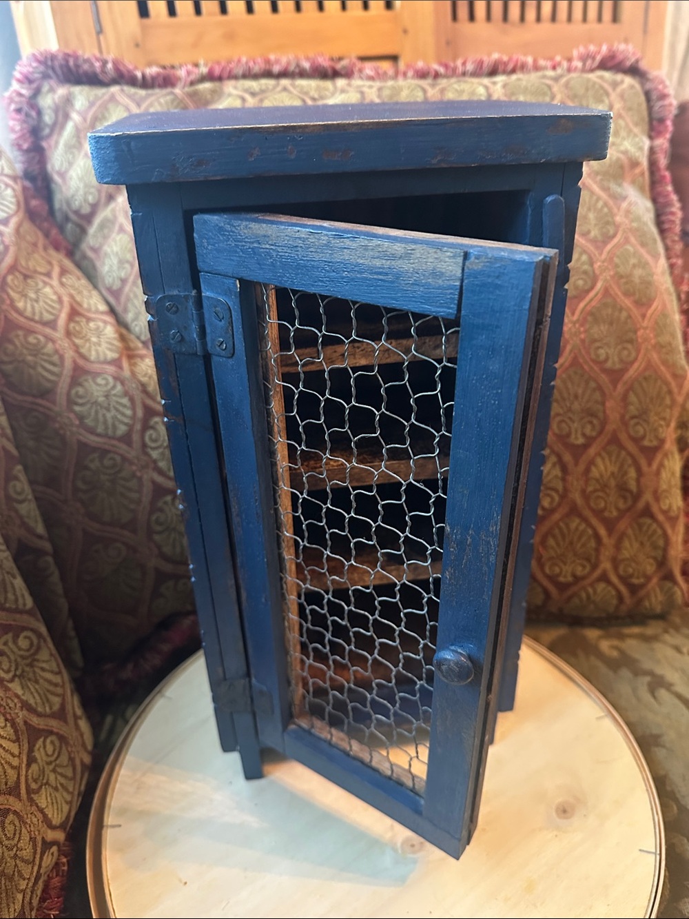 Vintage Blue Wooden Cabinet with Chicken Wire Door 15 inches tall.